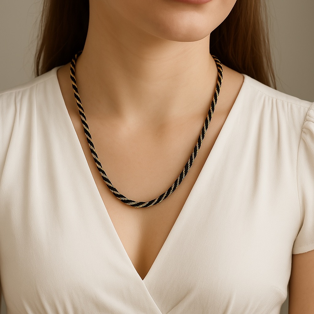 Trifari Rope Chain Necklace Goldtone with Black Cord 18” long Vintage